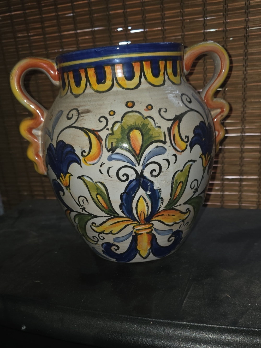 Hand-Painted Ceramic Vase in Blue, Yellow and Green with Double Handles